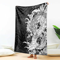 Hawaiian And Japanese Culture Blanket Irezumi Dragon With Polynesian Pattern Black - Polynesian Pride