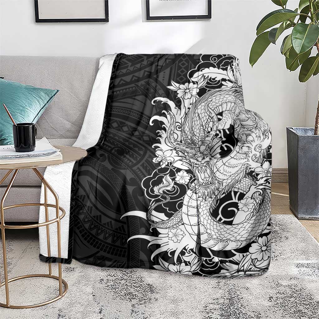 Hawaiian And Japanese Culture Blanket Irezumi Dragon With Polynesian Pattern Black - Polynesian Pride