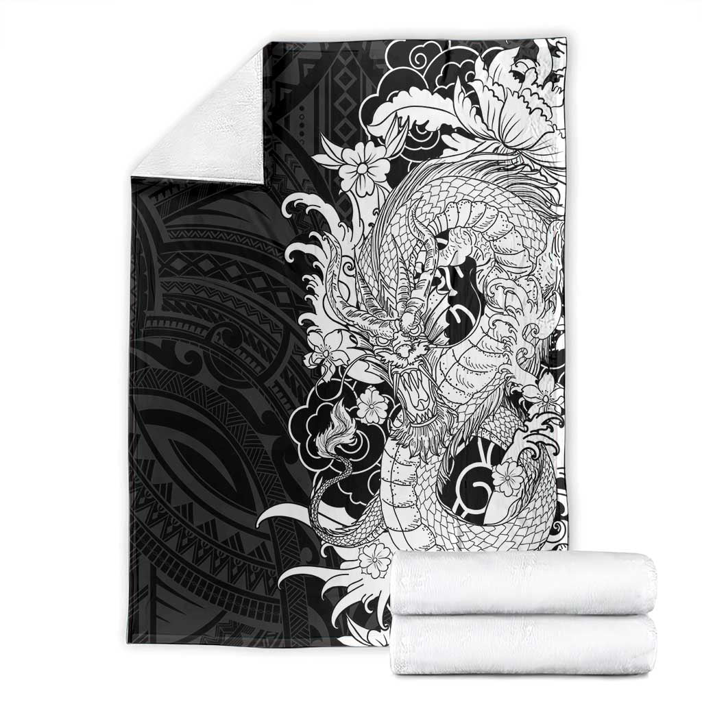 Hawaiian And Japanese Culture Blanket Irezumi Dragon With Polynesian Pattern Black - Polynesian Pride