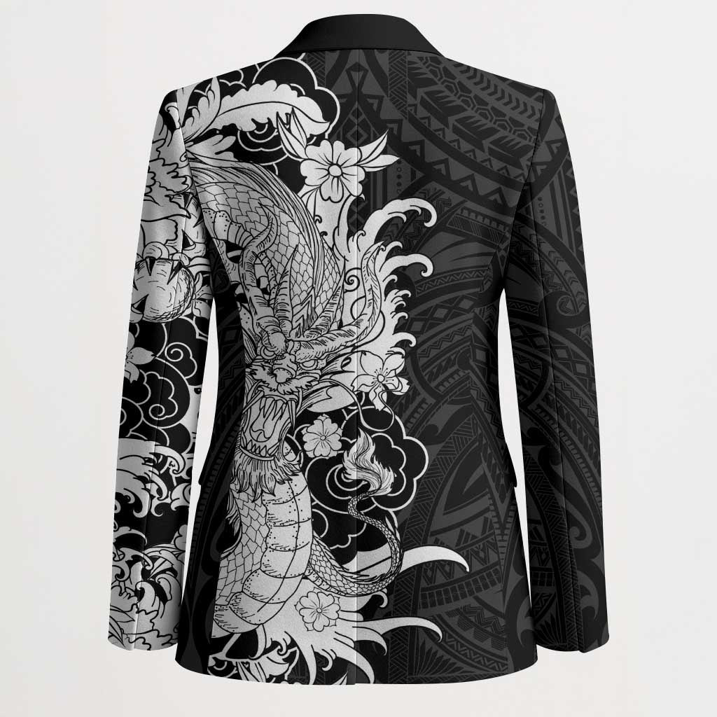 Hawaiian And Japanese Culture Blazer Irezumi Dragon With Polynesian Pattern Black - Polynesian Pride