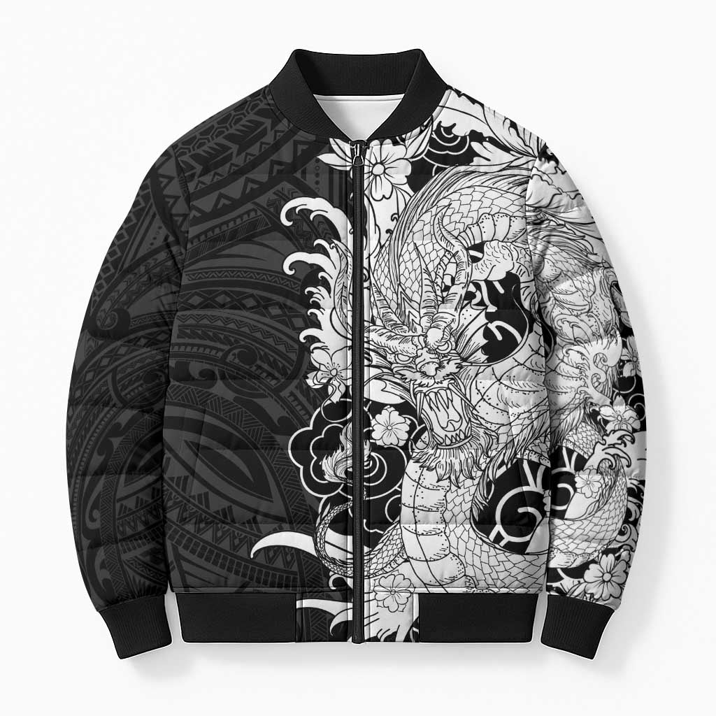 Hawaiian And Japanese Culture Bomber Puffer Jacket Irezumi Dragon With Polynesian Pattern Black - Polynesian Pride