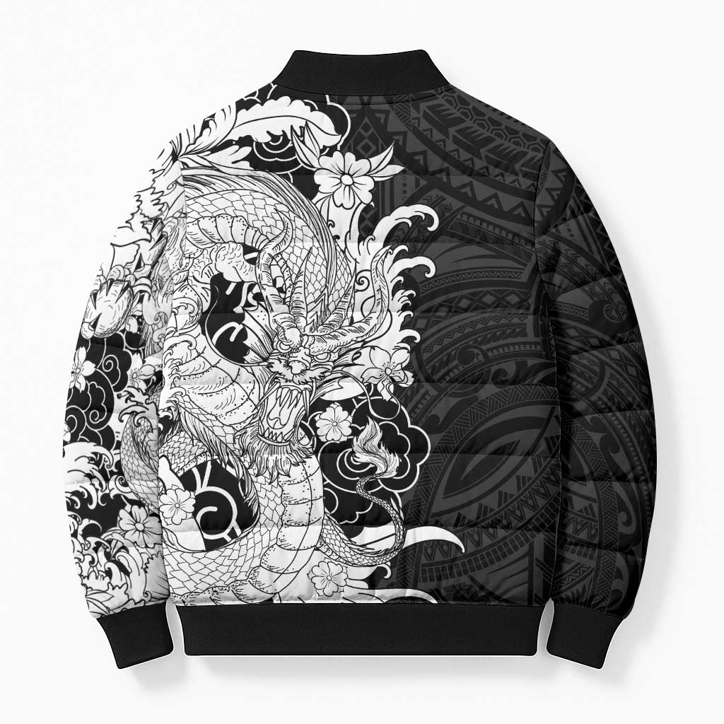 Hawaiian And Japanese Culture Bomber Puffer Jacket Irezumi Dragon With Polynesian Pattern Black - Polynesian Pride