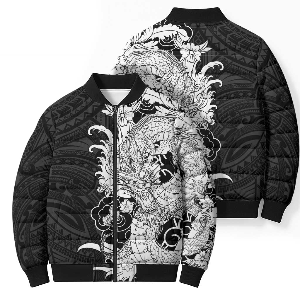 Hawaiian And Japanese Culture Bomber Puffer Jacket Irezumi Dragon With Polynesian Pattern Black - Polynesian Pride