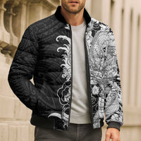 Hawaiian And Japanese Culture Bomber Puffer Jacket Irezumi Dragon With Polynesian Pattern Black - Polynesian Pride