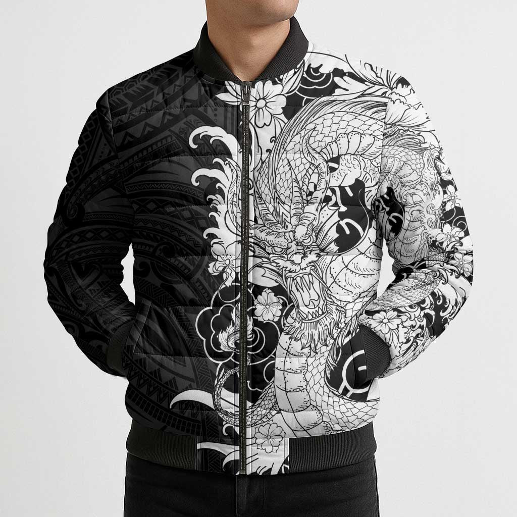 Hawaiian And Japanese Culture Bomber Puffer Jacket Irezumi Dragon With Polynesian Pattern Black - Polynesian Pride