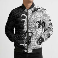 Hawaiian And Japanese Culture Bomber Puffer Jacket Irezumi Dragon With Polynesian Pattern Black - Polynesian Pride