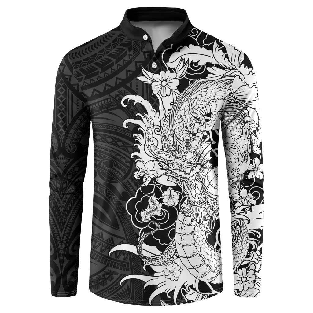 Hawaiian And Japanese Culture Button Sweatshirt Irezumi Dragon With Polynesian Pattern Black - Polynesian Pride