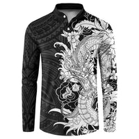 Hawaiian And Japanese Culture Button Sweatshirt Irezumi Dragon With Polynesian Pattern Black - Polynesian Pride