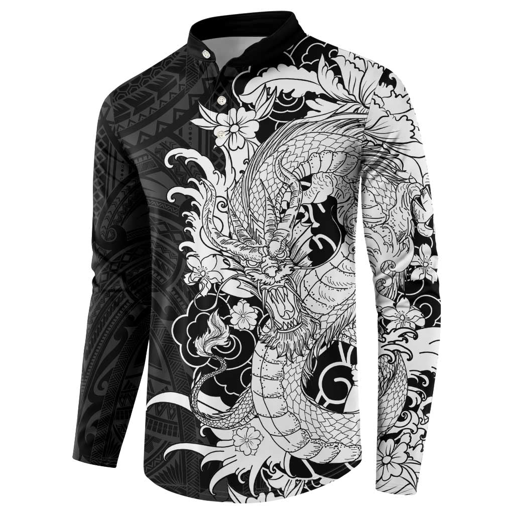 Hawaiian And Japanese Culture Button Sweatshirt Irezumi Dragon With Polynesian Pattern Black - Polynesian Pride