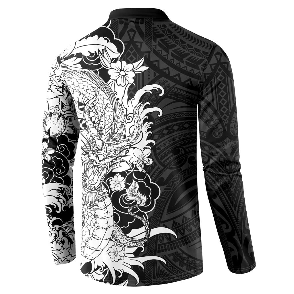 Hawaiian And Japanese Culture Button Sweatshirt Irezumi Dragon With Polynesian Pattern Black - Polynesian Pride
