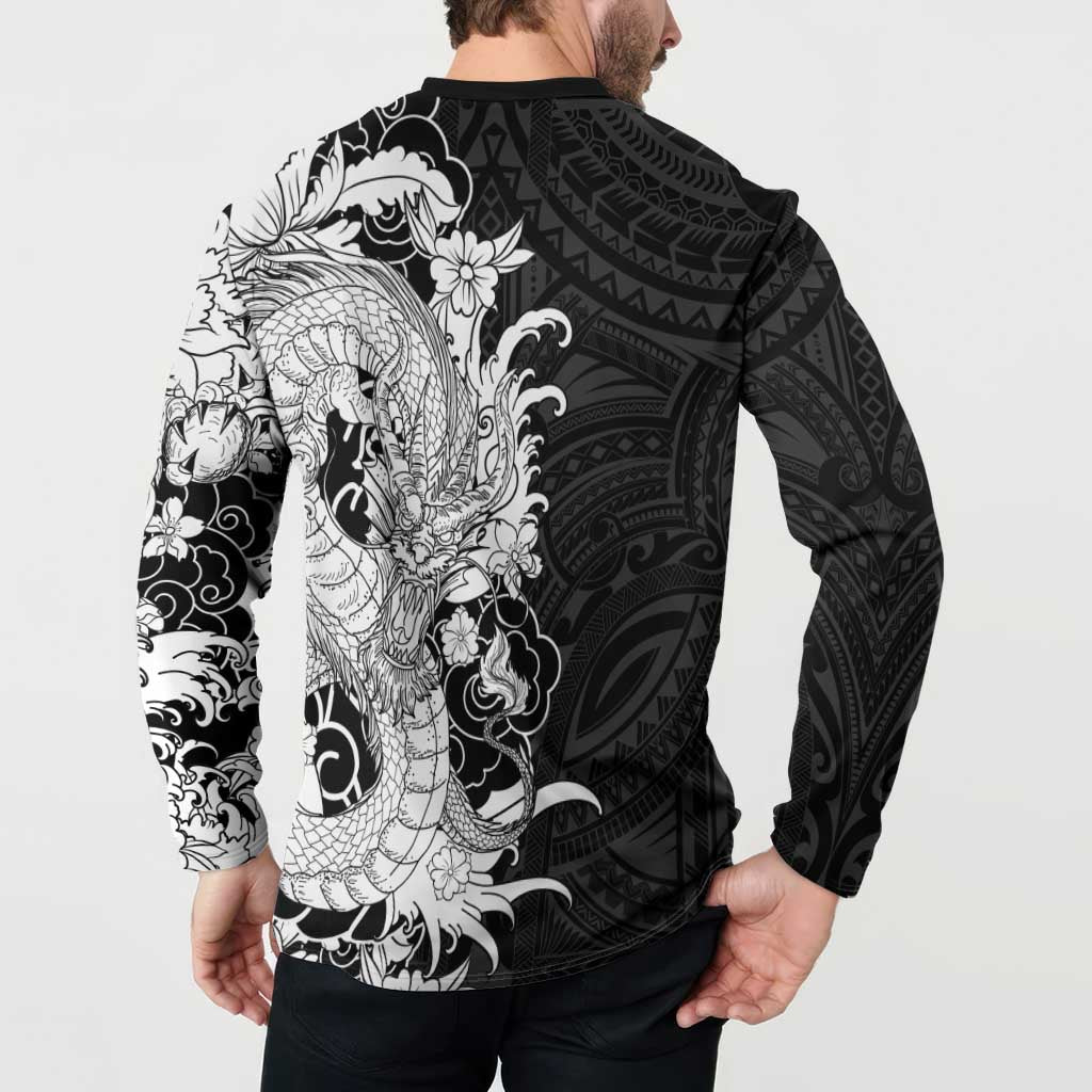 Hawaiian And Japanese Culture Button Sweatshirt Irezumi Dragon With Polynesian Pattern Black - Polynesian Pride