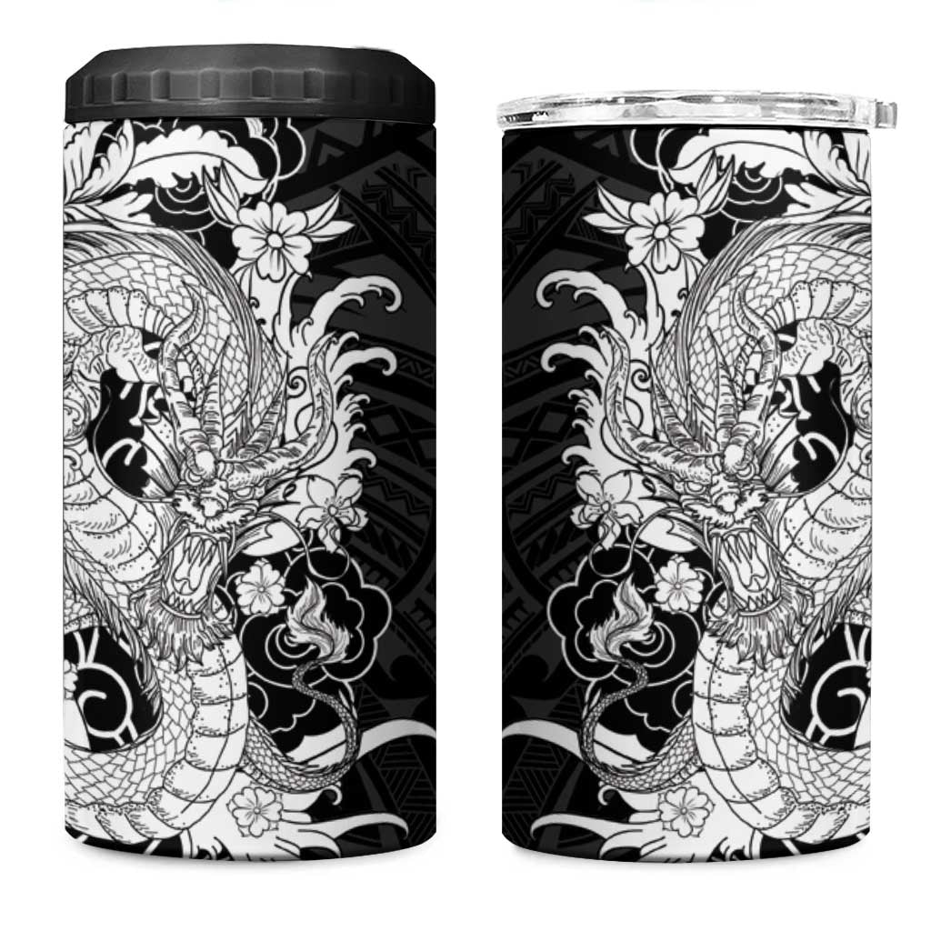 Hawaiian And Japanese Culture 4 in 1 Can Cooler Tumbler Irezumi Dragon With Polynesian Pattern Black - Polynesian Pride