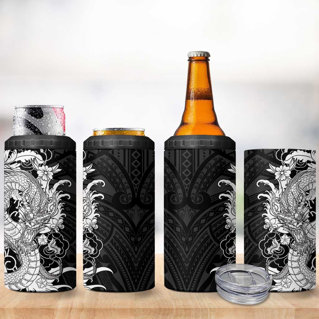 Hawaiian And Japanese Culture 4 in 1 Can Cooler Tumbler Irezumi Dragon With Polynesian Pattern Black - Polynesian Pride