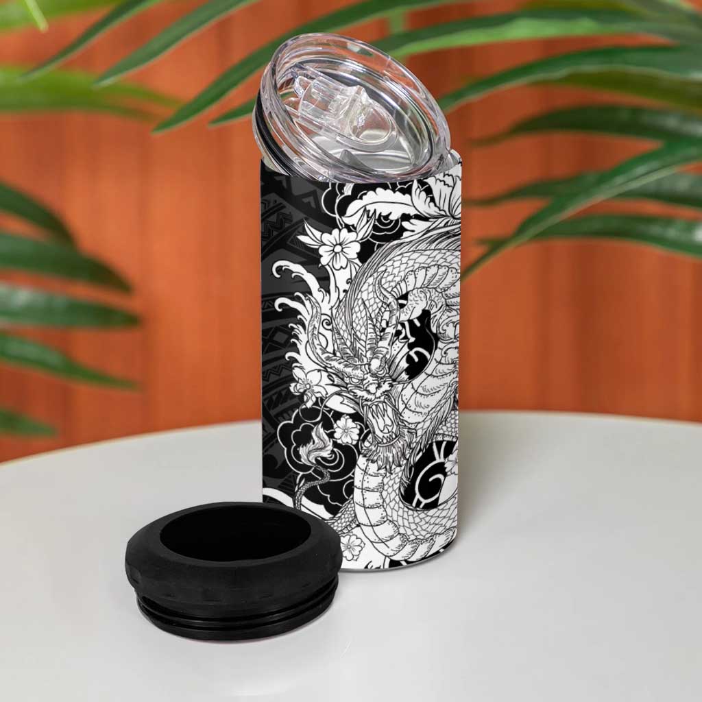 Hawaiian And Japanese Culture 4 in 1 Can Cooler Tumbler Irezumi Dragon With Polynesian Pattern Black - Polynesian Pride