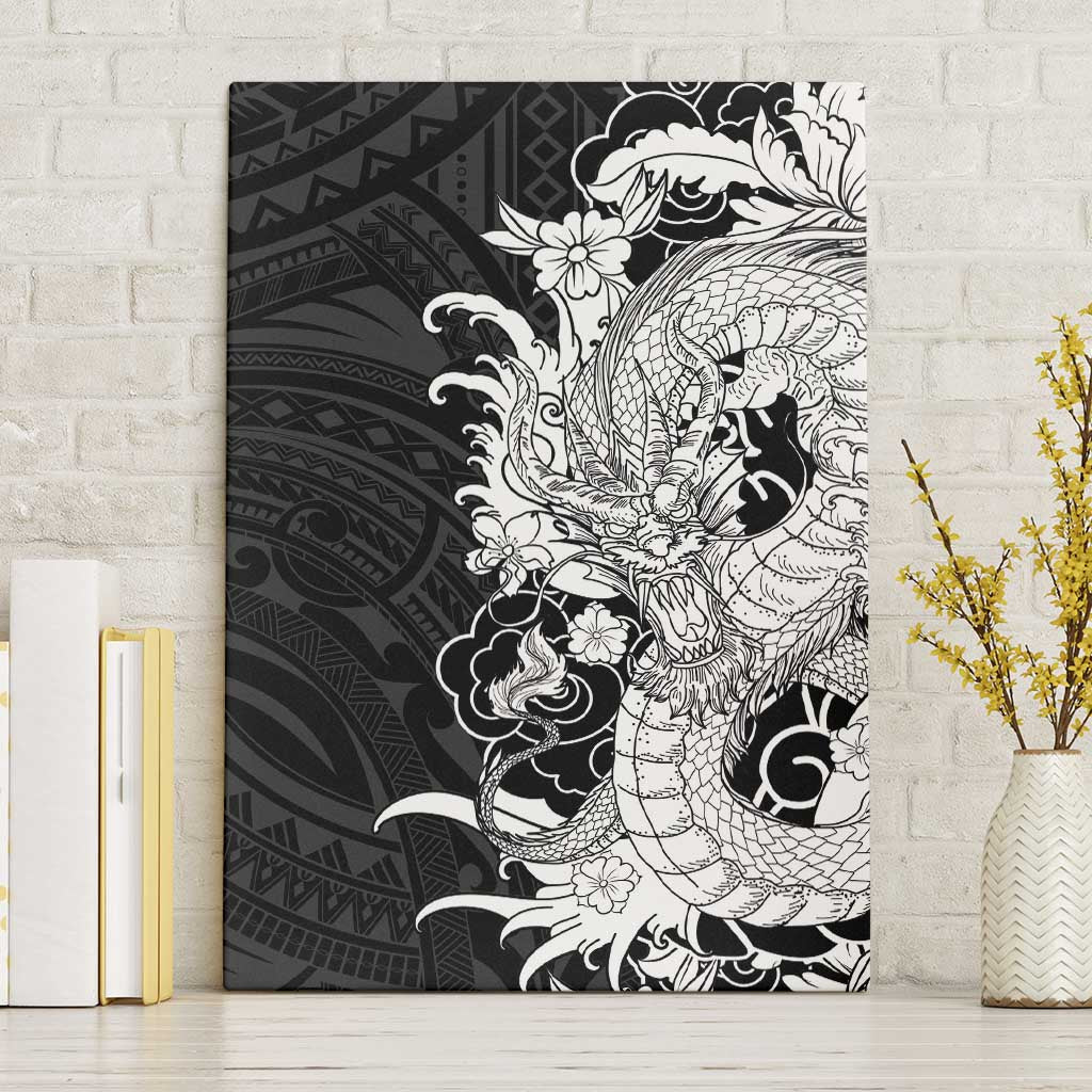 Hawaiian And Japanese Culture Canvas Wall Art Irezumi Dragon With Polynesian Pattern Black - Polynesian Pride