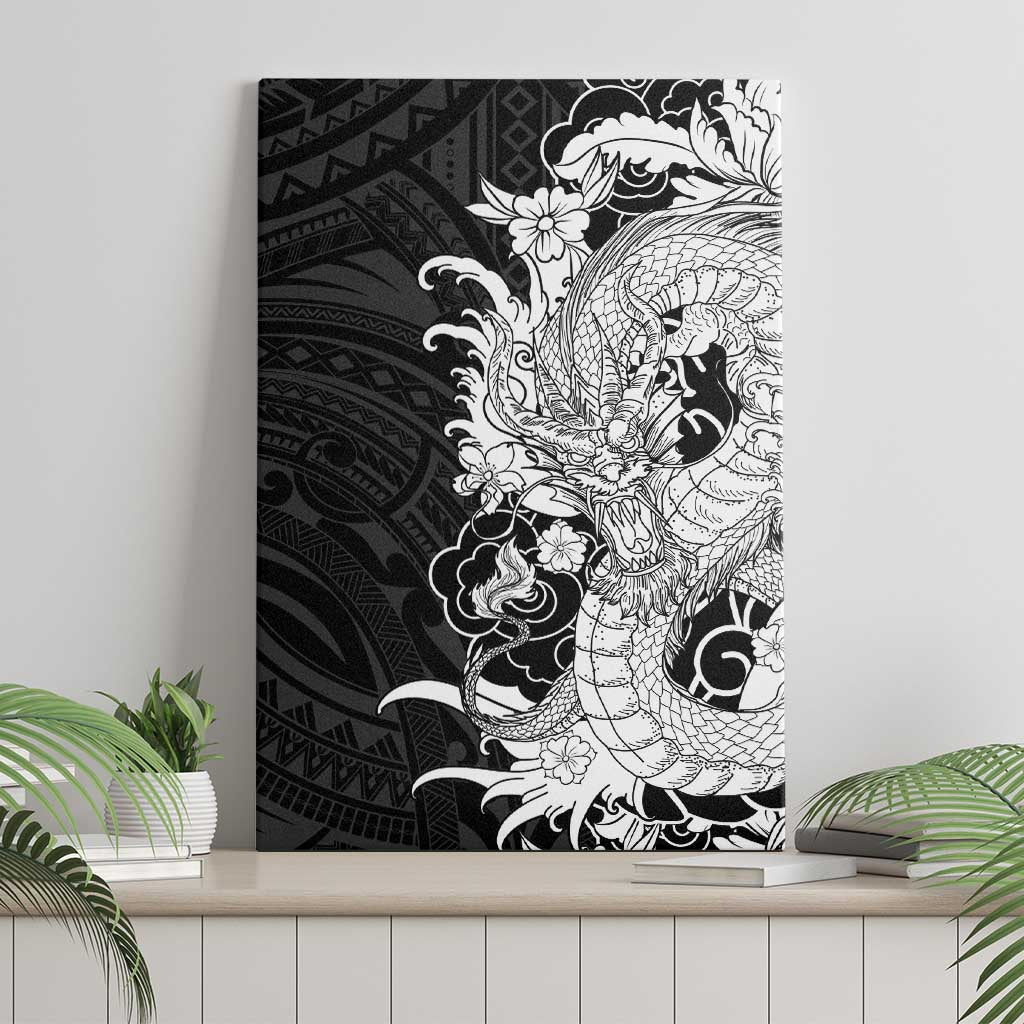 Hawaiian And Japanese Culture Canvas Wall Art Irezumi Dragon With Polynesian Pattern Black - Polynesian Pride
