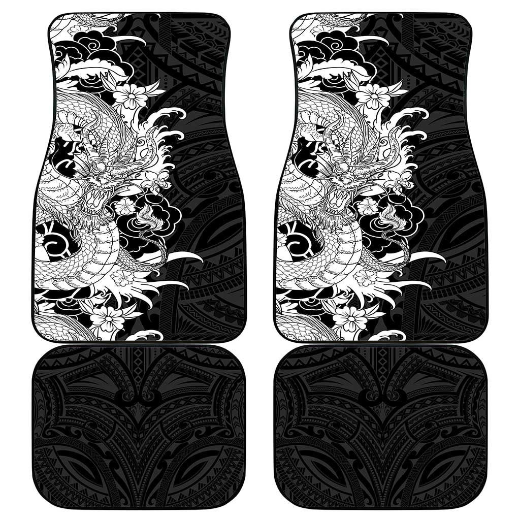 Hawaiian And Japanese Culture Car Mats Irezumi Dragon With Polynesian Pattern Black - Polynesian Pride