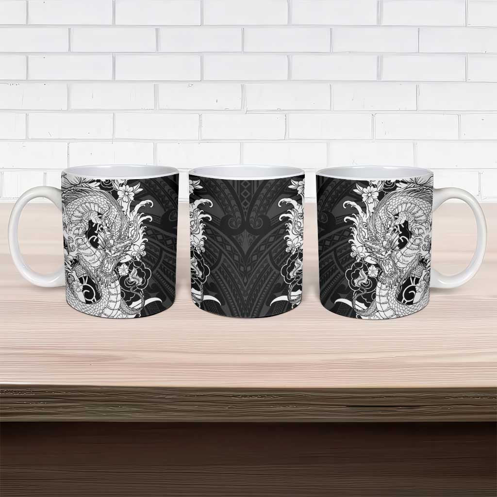 Hawaiian And Japanese Culture Ceramic Mug Irezumi Dragon With Polynesian Pattern Black - Polynesian Pride