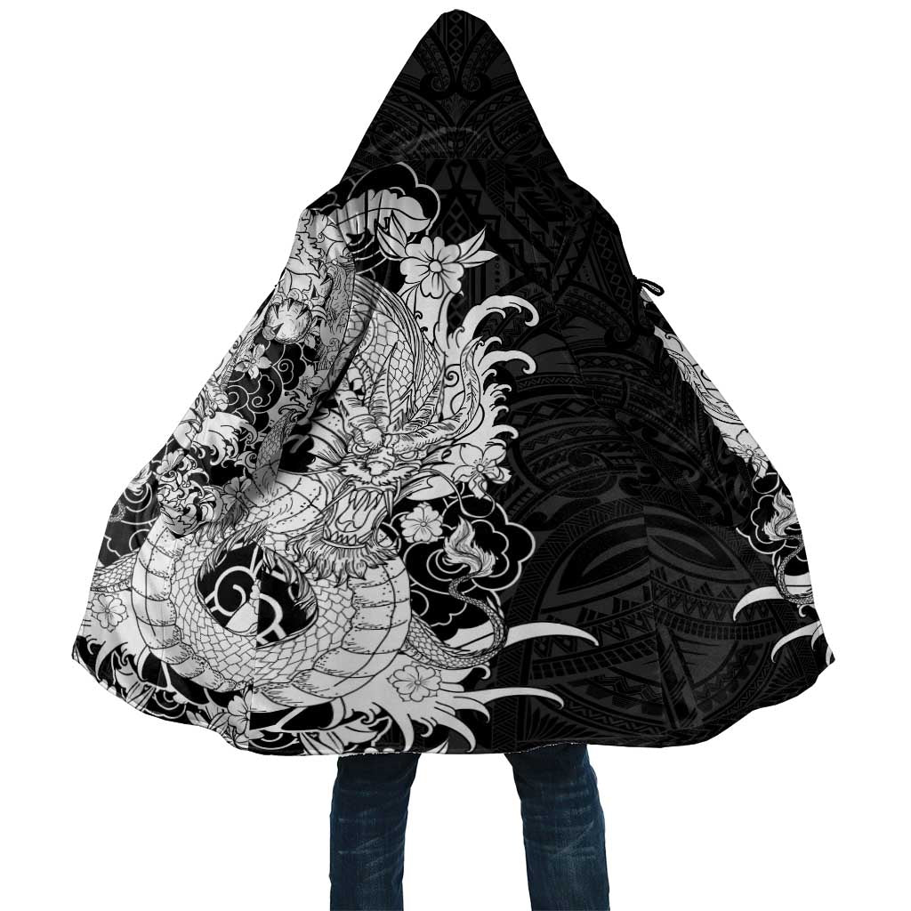 Hawaiian And Japanese Culture Cloak Irezumi Dragon With Polynesian Pattern Black - Polynesian Pride