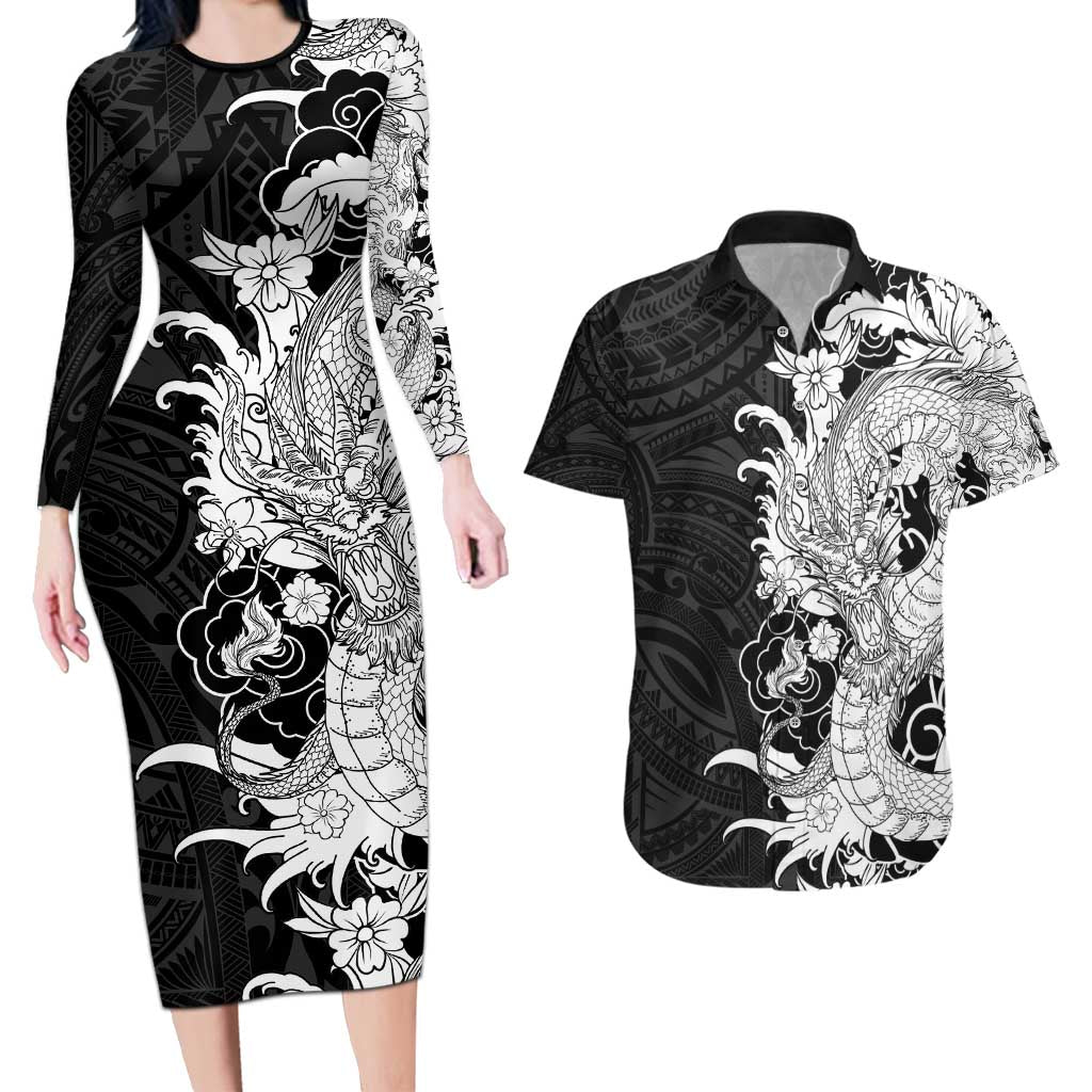 Hawaiian And Japanese Culture Couples Matching Long Sleeve Bodycon Dress and Hawaiian Shirt Irezumi Dragon With Polynesian Pattern Black - Polynesian Pride