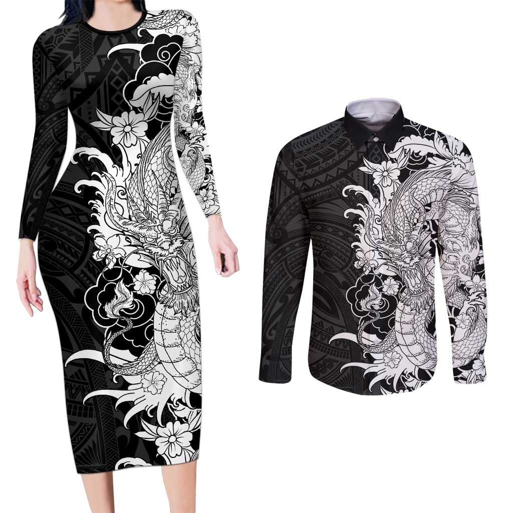 Hawaiian And Japanese Culture Couples Matching Long Sleeve Bodycon Dress and Long Sleeve Button Shirt Irezumi Dragon With Polynesian Pattern Black - Polynesian Pride