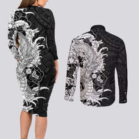 Hawaiian And Japanese Culture Couples Matching Long Sleeve Bodycon Dress and Long Sleeve Button Shirt Irezumi Dragon With Polynesian Pattern Black - Polynesian Pride