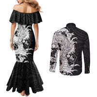 Hawaiian And Japanese Culture Couples Matching Mermaid Dress and Long Sleeve Button Shirt Irezumi Dragon With Polynesian Pattern Black - Polynesian Pride