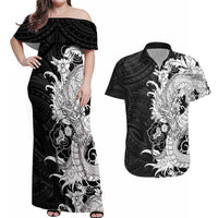 Hawaiian And Japanese Culture Couples Matching Off Shoulder Maxi Dress and Hawaiian Shirt Irezumi Dragon With Polynesian Pattern Black - Polynesian Pride