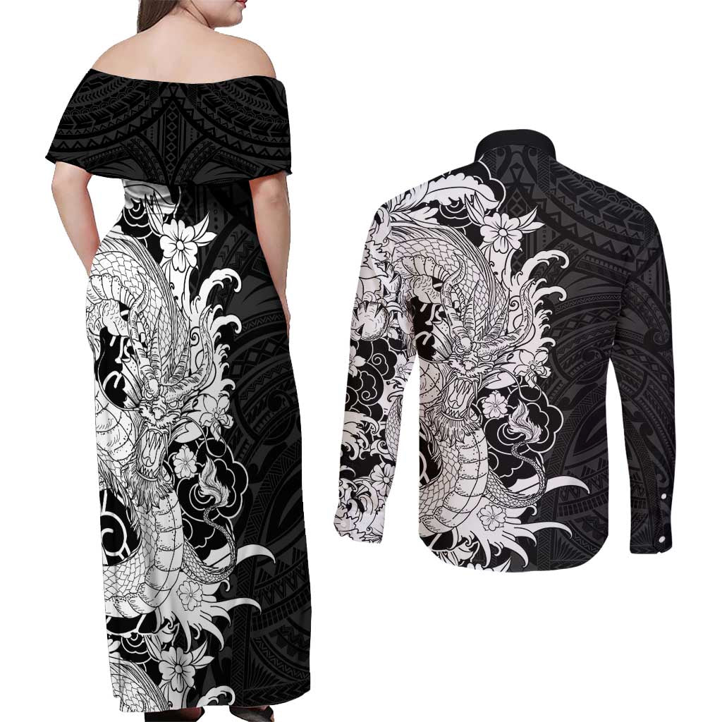 Hawaiian And Japanese Culture Couples Matching Off Shoulder Maxi Dress and Long Sleeve Button Shirt Irezumi Dragon With Polynesian Pattern Black - Polynesian Pride