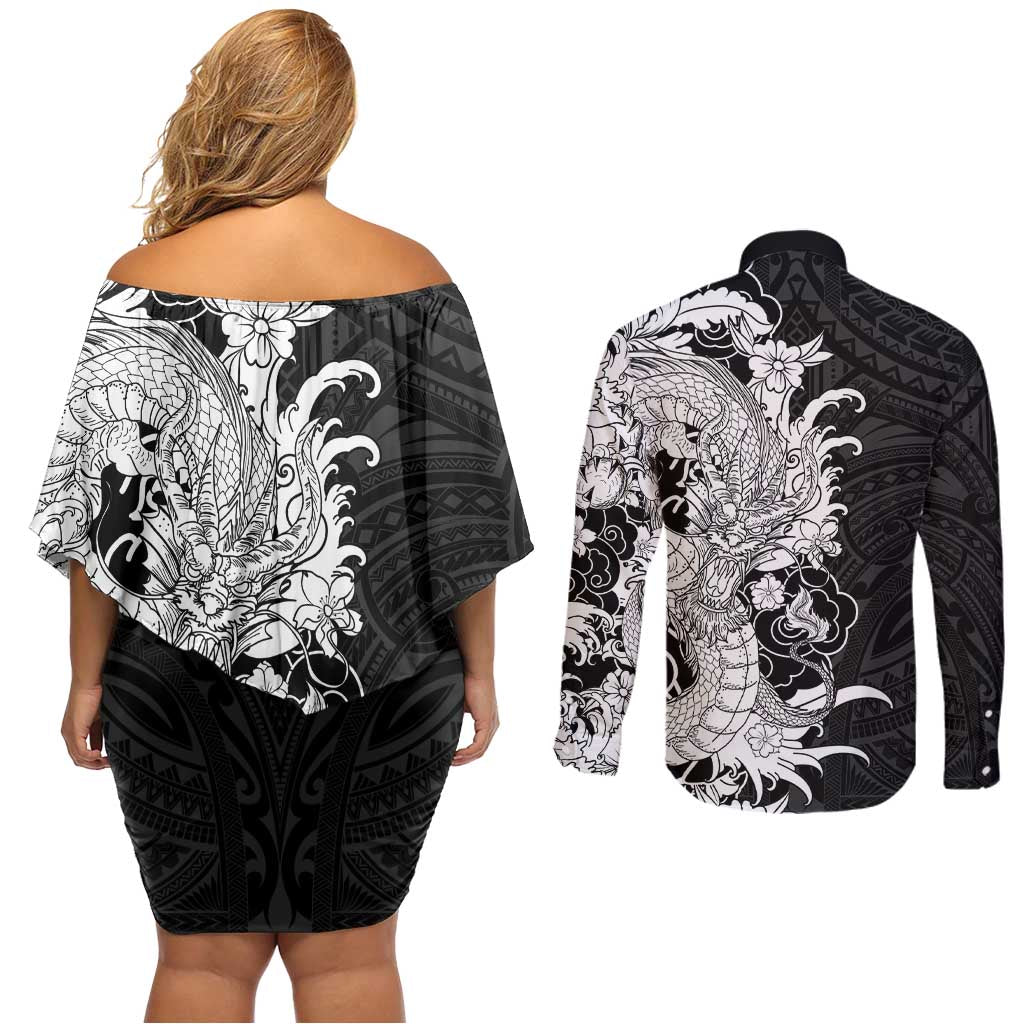 Hawaiian And Japanese Culture Couples Matching Off Shoulder Short Dress and Long Sleeve Button Shirt Irezumi Dragon With Polynesian Pattern Black - Polynesian Pride