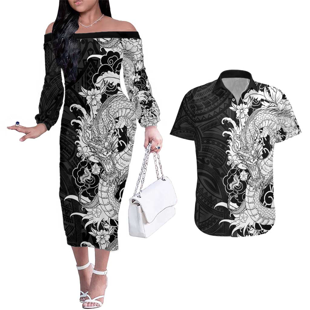 Hawaiian And Japanese Culture Couples Matching Off The Shoulder Long Sleeve Dress and Hawaiian Shirt Irezumi Dragon With Polynesian Pattern Black - Polynesian Pride