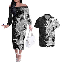 Hawaiian And Japanese Culture Couples Matching Off The Shoulder Long Sleeve Dress and Hawaiian Shirt Irezumi Dragon With Polynesian Pattern Black - Polynesian Pride