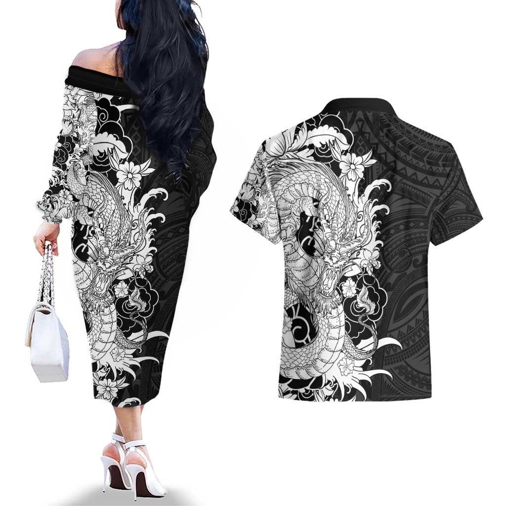 Hawaiian And Japanese Culture Couples Matching Off The Shoulder Long Sleeve Dress and Hawaiian Shirt Irezumi Dragon With Polynesian Pattern Black - Polynesian Pride