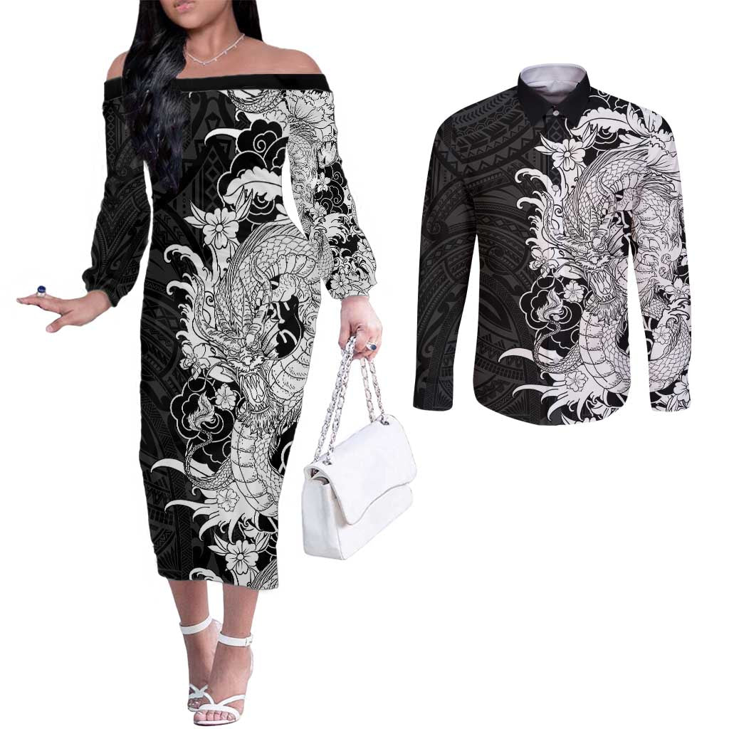 Hawaiian And Japanese Culture Couples Matching Off The Shoulder Long Sleeve Dress and Long Sleeve Button Shirt Irezumi Dragon With Polynesian Pattern Black - Polynesian Pride
