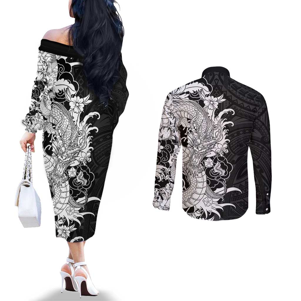Hawaiian And Japanese Culture Couples Matching Off The Shoulder Long Sleeve Dress and Long Sleeve Button Shirt Irezumi Dragon With Polynesian Pattern Black - Polynesian Pride