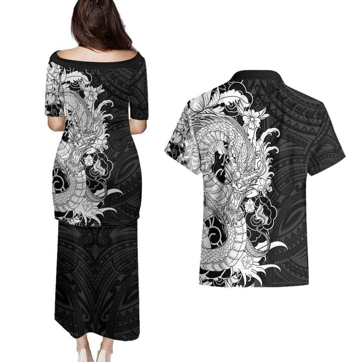 Hawaiian And Japanese Culture Couples Matching Puletasi and Hawaiian Shirt Irezumi Dragon With Polynesian Pattern Black - Polynesian Pride
