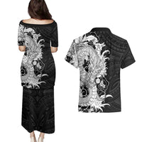 Hawaiian And Japanese Culture Couples Matching Puletasi and Hawaiian Shirt Irezumi Dragon With Polynesian Pattern Black - Polynesian Pride