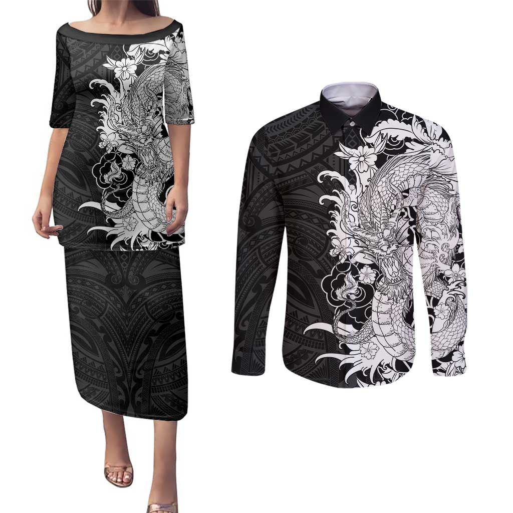 Hawaiian And Japanese Culture Couples Matching Puletasi and Long Sleeve Button Shirt Irezumi Dragon With Polynesian Pattern Black - Polynesian Pride