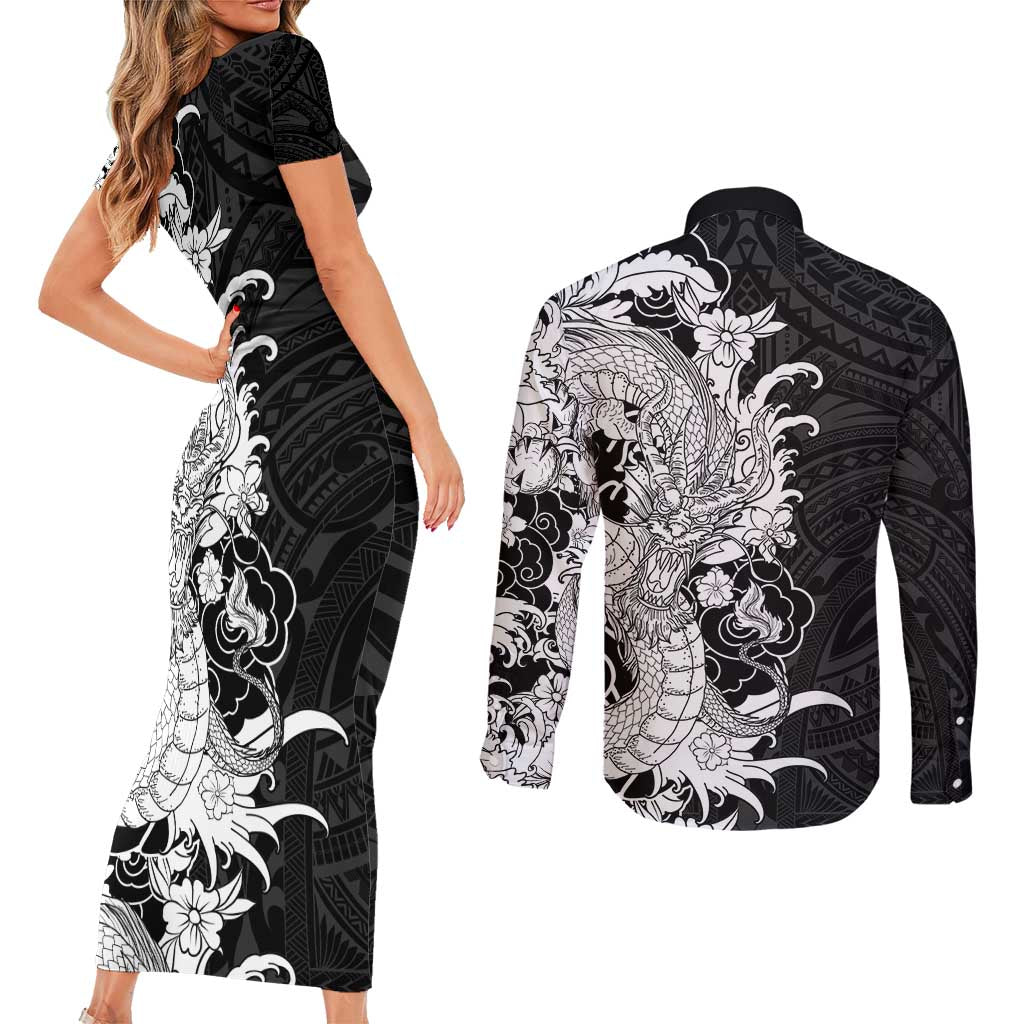 Hawaiian And Japanese Culture Couples Matching Short Sleeve Bodycon Dress and Long Sleeve Button Shirt Irezumi Dragon With Polynesian Pattern Black - Polynesian Pride