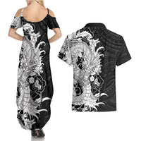 Hawaiian And Japanese Culture Couples Matching Summer Maxi Dress and Hawaiian Shirt Irezumi Dragon With Polynesian Pattern Black - Polynesian Pride