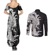 Hawaiian And Japanese Culture Couples Matching Summer Maxi Dress and Long Sleeve Button Shirt Irezumi Dragon With Polynesian Pattern Black - Polynesian Pride