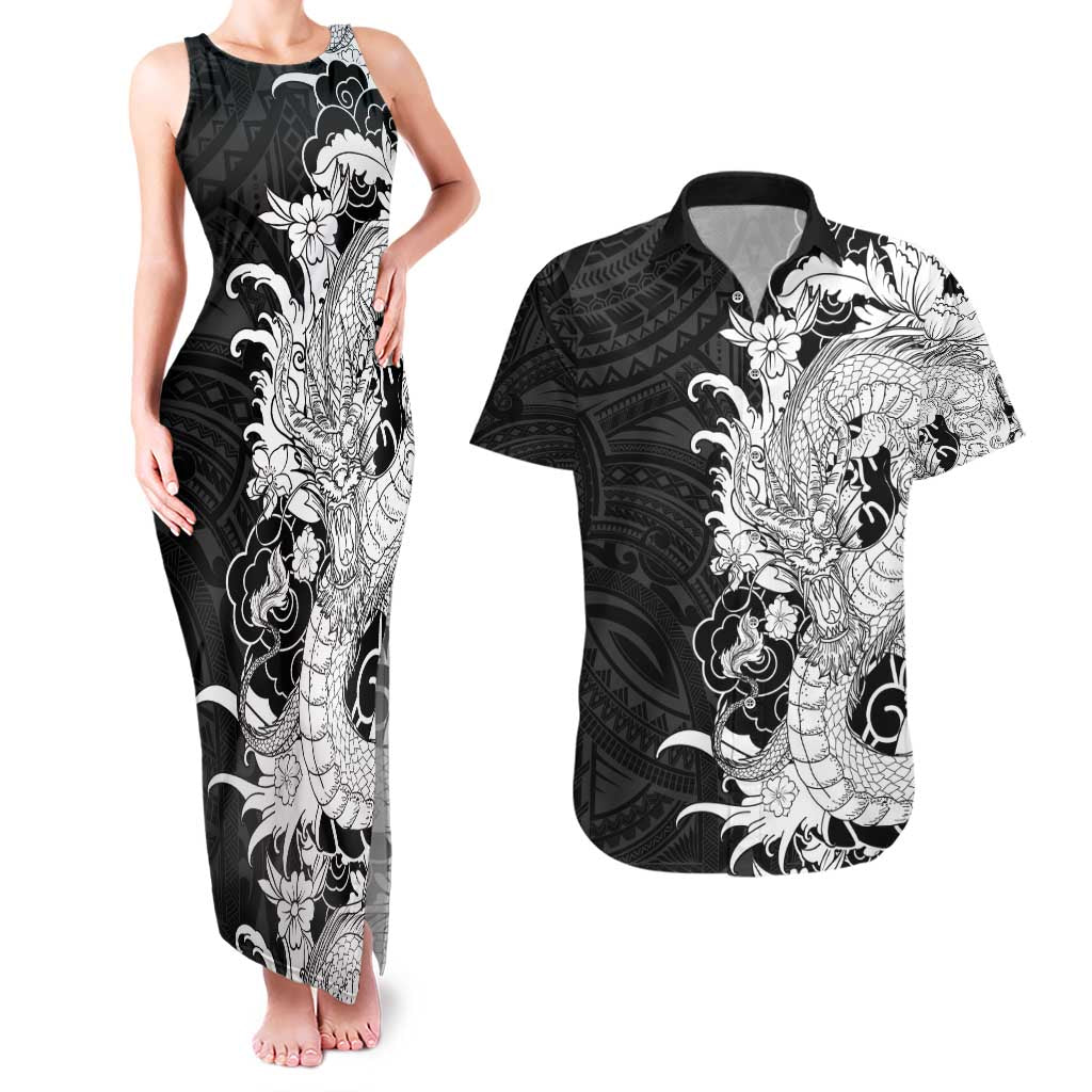 Hawaiian And Japanese Culture Couples Matching Tank Maxi Dress and Hawaiian Shirt Irezumi Dragon With Polynesian Pattern Black - Polynesian Pride