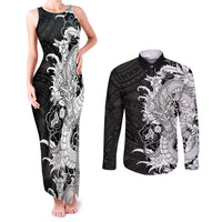Hawaiian And Japanese Culture Couples Matching Tank Maxi Dress and Long Sleeve Button Shirt Irezumi Dragon With Polynesian Pattern Black - Polynesian Pride