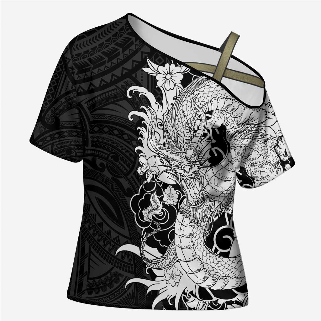 Hawaiian And Japanese Culture Cross Shoulder Shirt Irezumi Dragon With Polynesian Pattern Black - Polynesian Pride