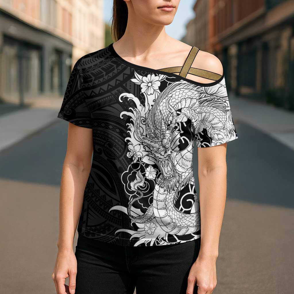 Hawaiian And Japanese Culture Cross Shoulder Shirt Irezumi Dragon With Polynesian Pattern Black - Polynesian Pride