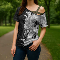 Hawaiian And Japanese Culture Cross Shoulder Shirt Irezumi Dragon With Polynesian Pattern Black - Polynesian Pride