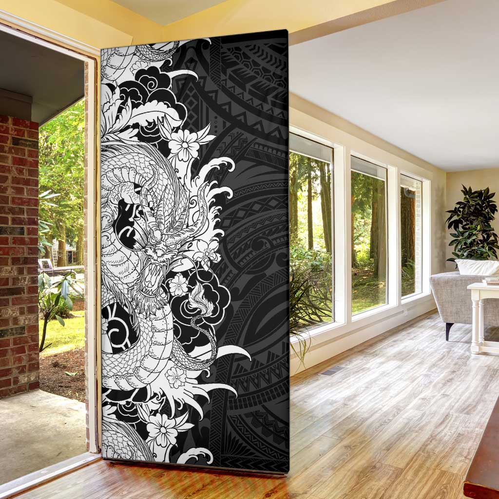 Hawaiian And Japanese Culture Door Cover Irezumi Dragon With Polynesian Pattern Black - Polynesian Pride