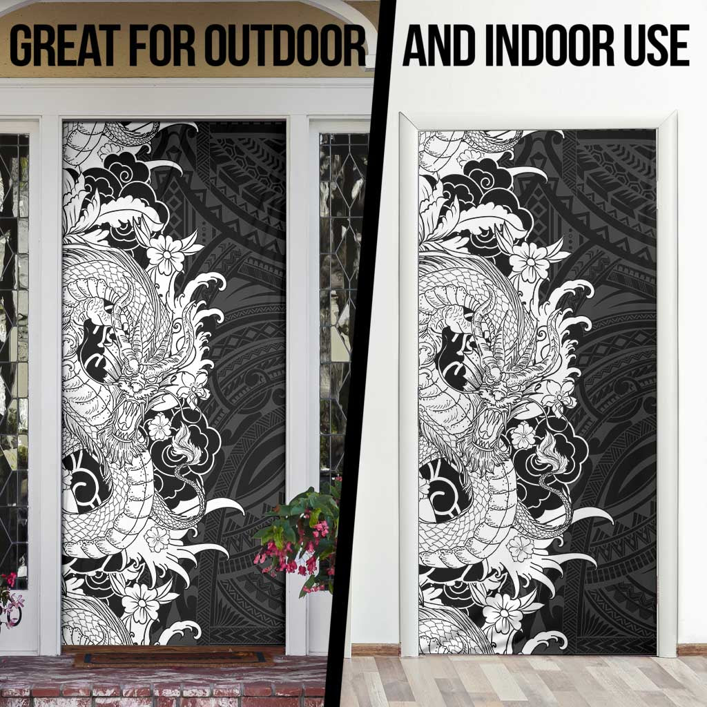Hawaiian And Japanese Culture Door Cover Irezumi Dragon With Polynesian Pattern Black - Polynesian Pride