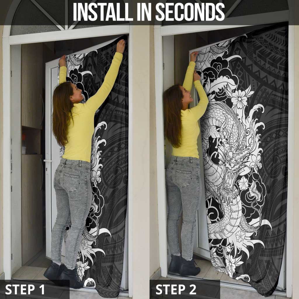 Hawaiian And Japanese Culture Door Cover Irezumi Dragon With Polynesian Pattern Black - Polynesian Pride