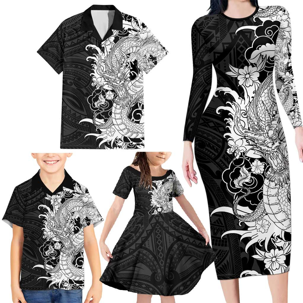 Hawaiian And Japanese Culture Family Matching Long Sleeve Bodycon Dress and Hawaiian Shirt Irezumi Dragon With Polynesian Pattern Black - Polynesian Pride
